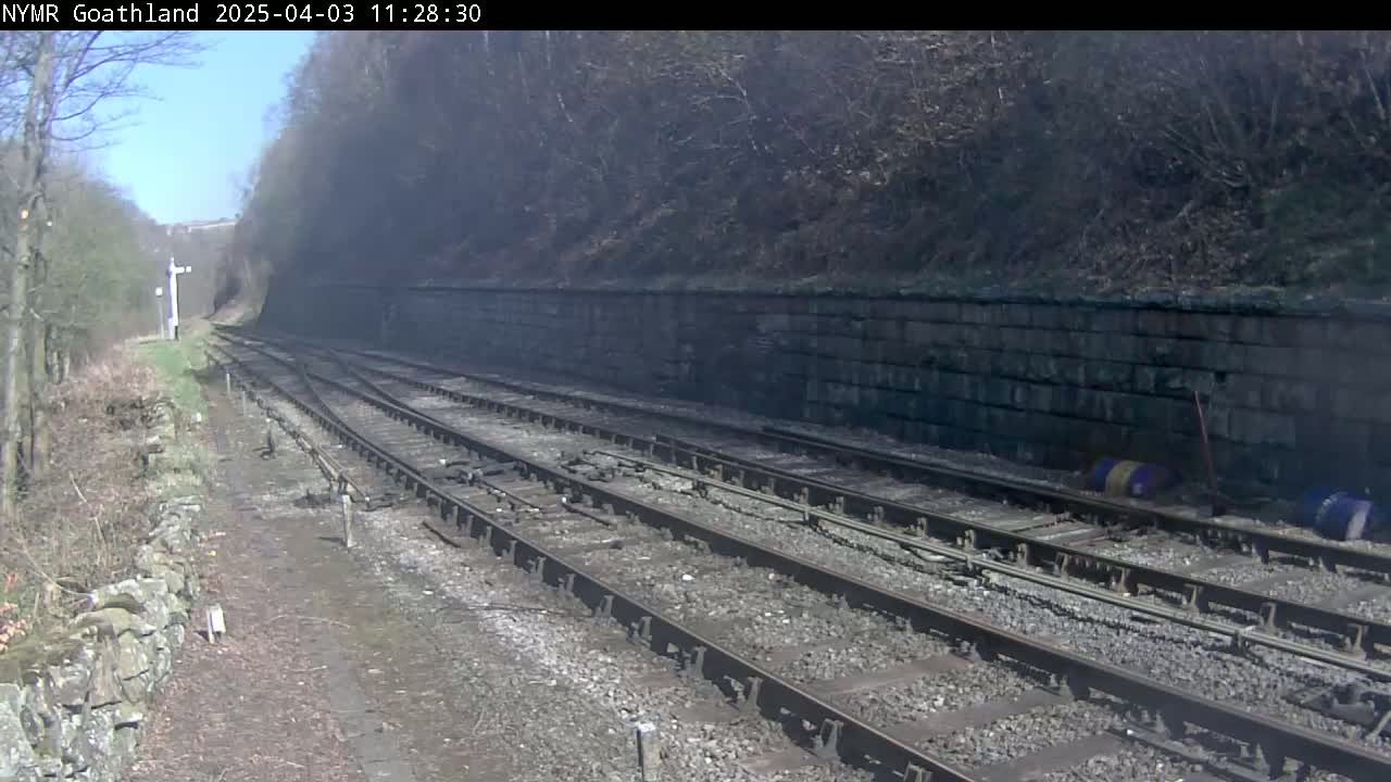 Multiple train tracks curve gently into a tunnel, bordered by a low stone wall and vegetation under a partly sunny sky.
