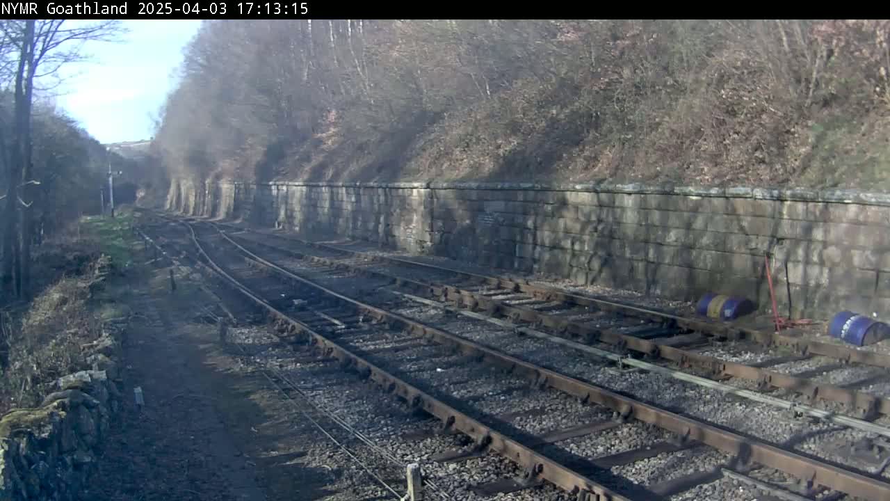 A sunny day at a railway cutting shows two sets of train tracks alongside a stone retaining wall, bordered by leafless trees and scrub.