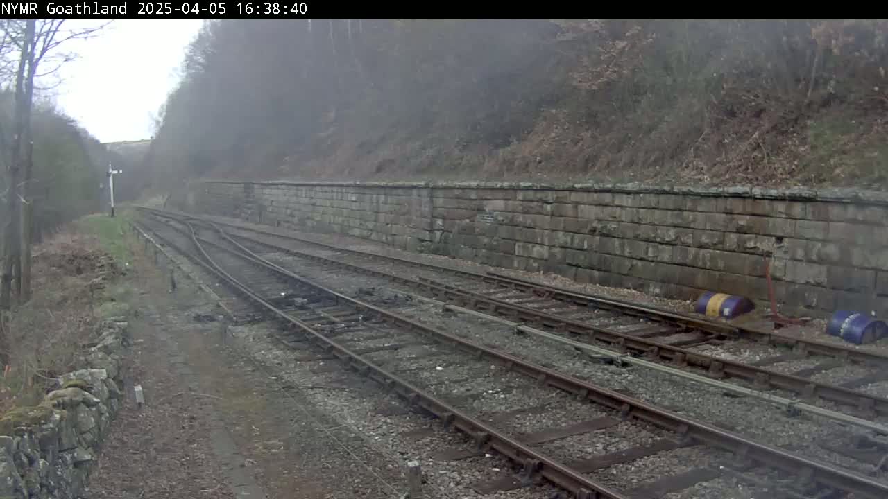 Multiple train tracks curve through a foggy landscape beside a stone wall and wooded hillside.