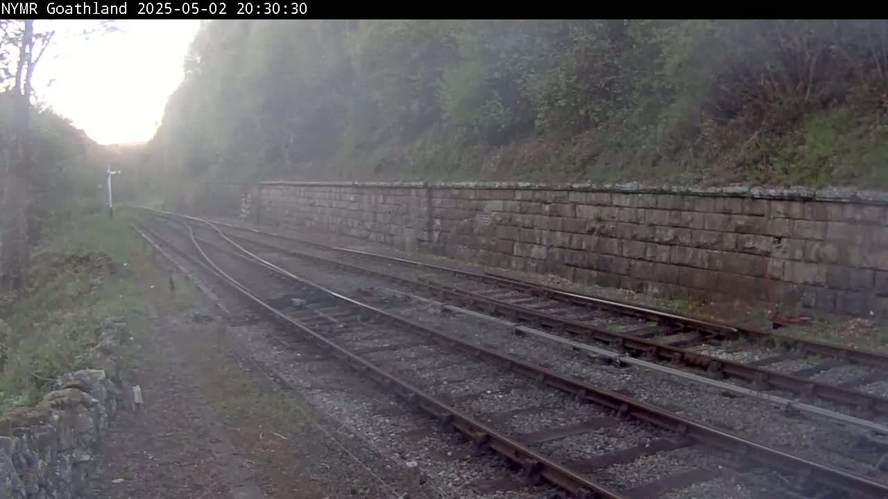 Train tracks diverge past a stone retaining wall on a foggy morning, surrounded by lush green vegetation.