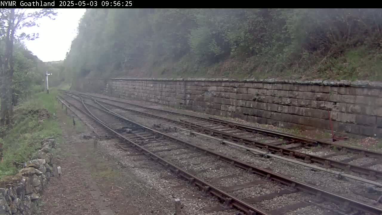 Multiple train tracks curve gently alongside a stone wall, bordered by lush greenery under an overcast sky.