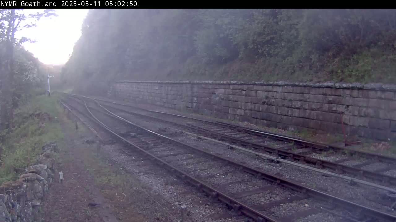 Two sets of train tracks curve gently around a stone wall, disappearing into a misty, wooded hillside.