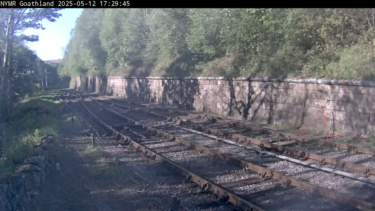 Train tracks curve gently to the left, beside a low stone wall and shadowed green trees, in a sunny outdoor setting.