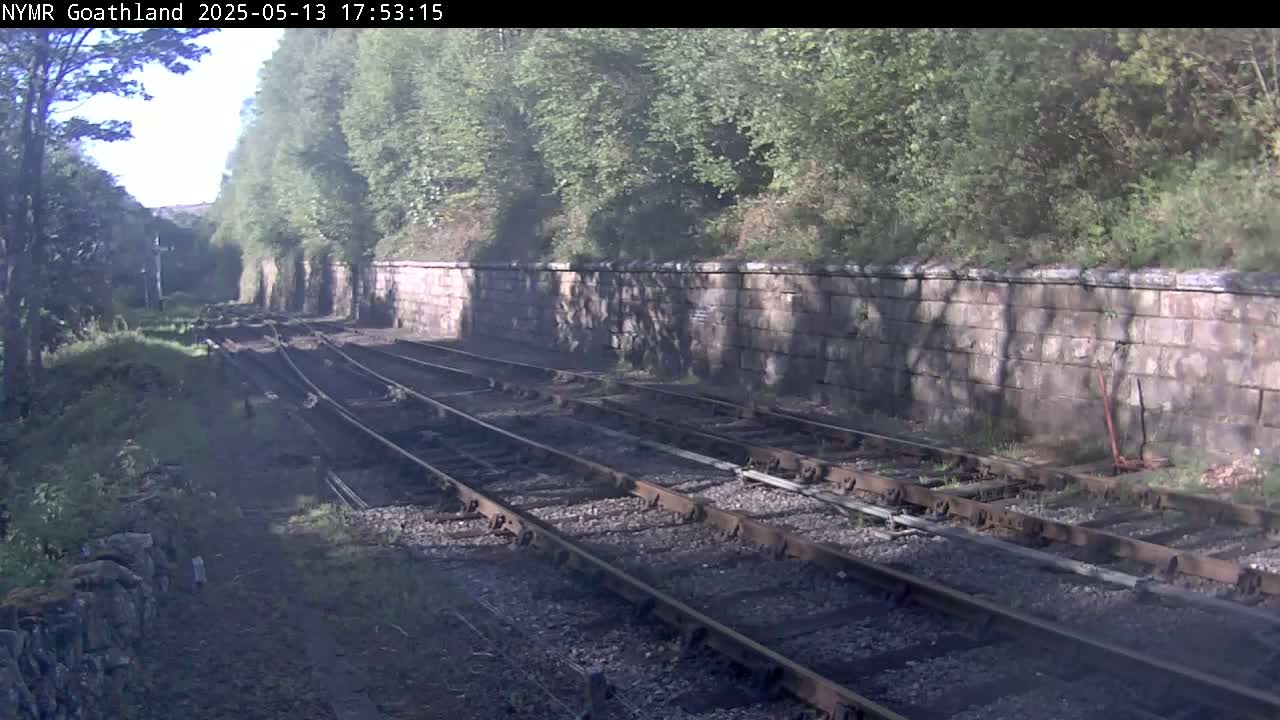 Multiple train tracks curve gently to the left, bordered by a low stone wall and lush green vegetation under a partly sunny sky.