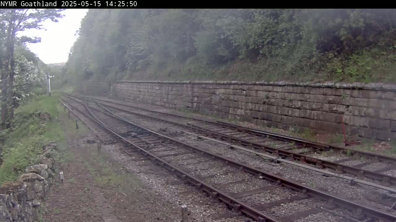 A misty view of railroad tracks curving alongside a stone wall and lush vegetation.