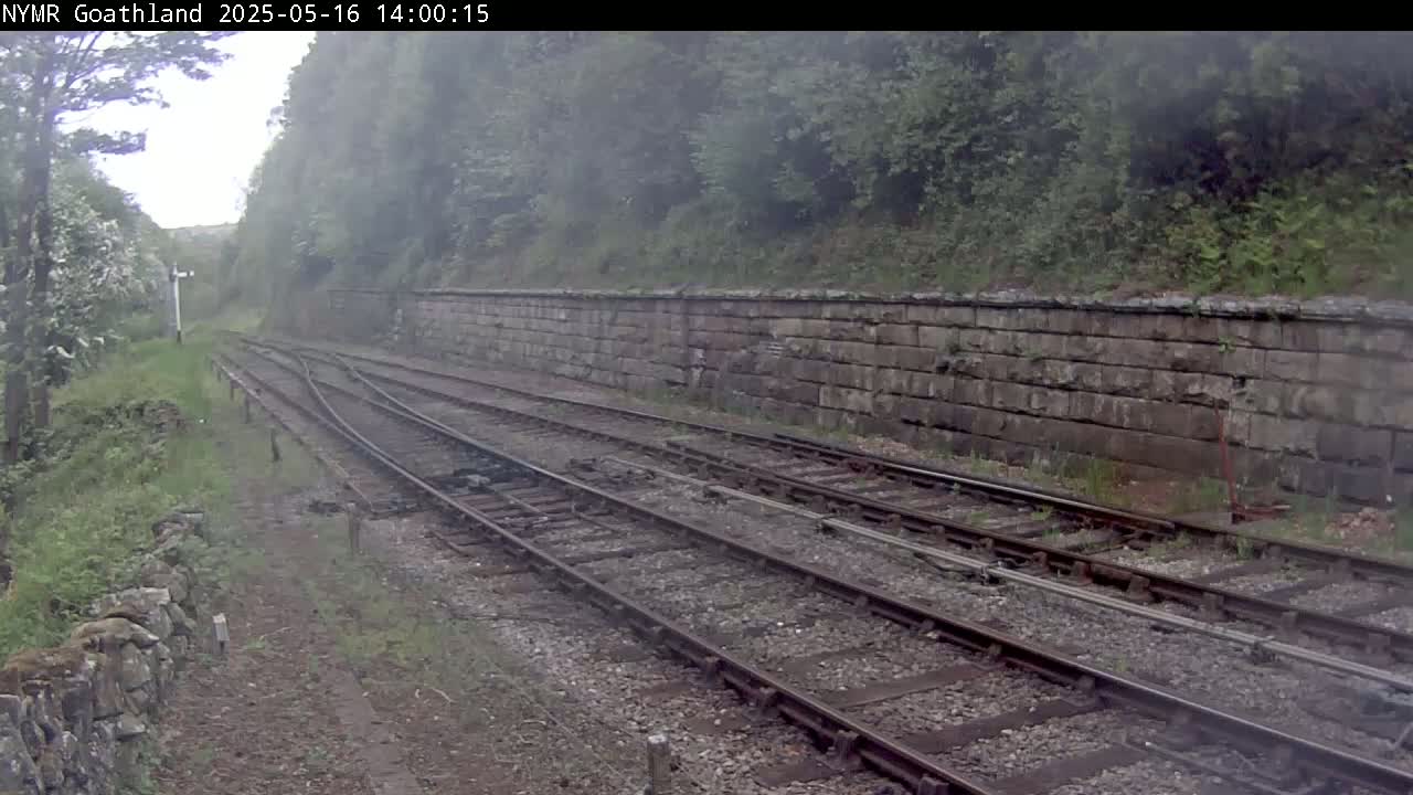 A view of train tracks diverging alongside a stone wall on an overcast day, with lush green vegetation on either side.