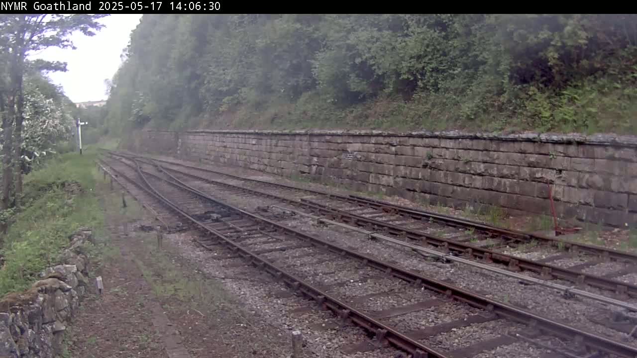 Train tracks diverge alongside a stone wall, bordered by lush green vegetation on an overcast day.