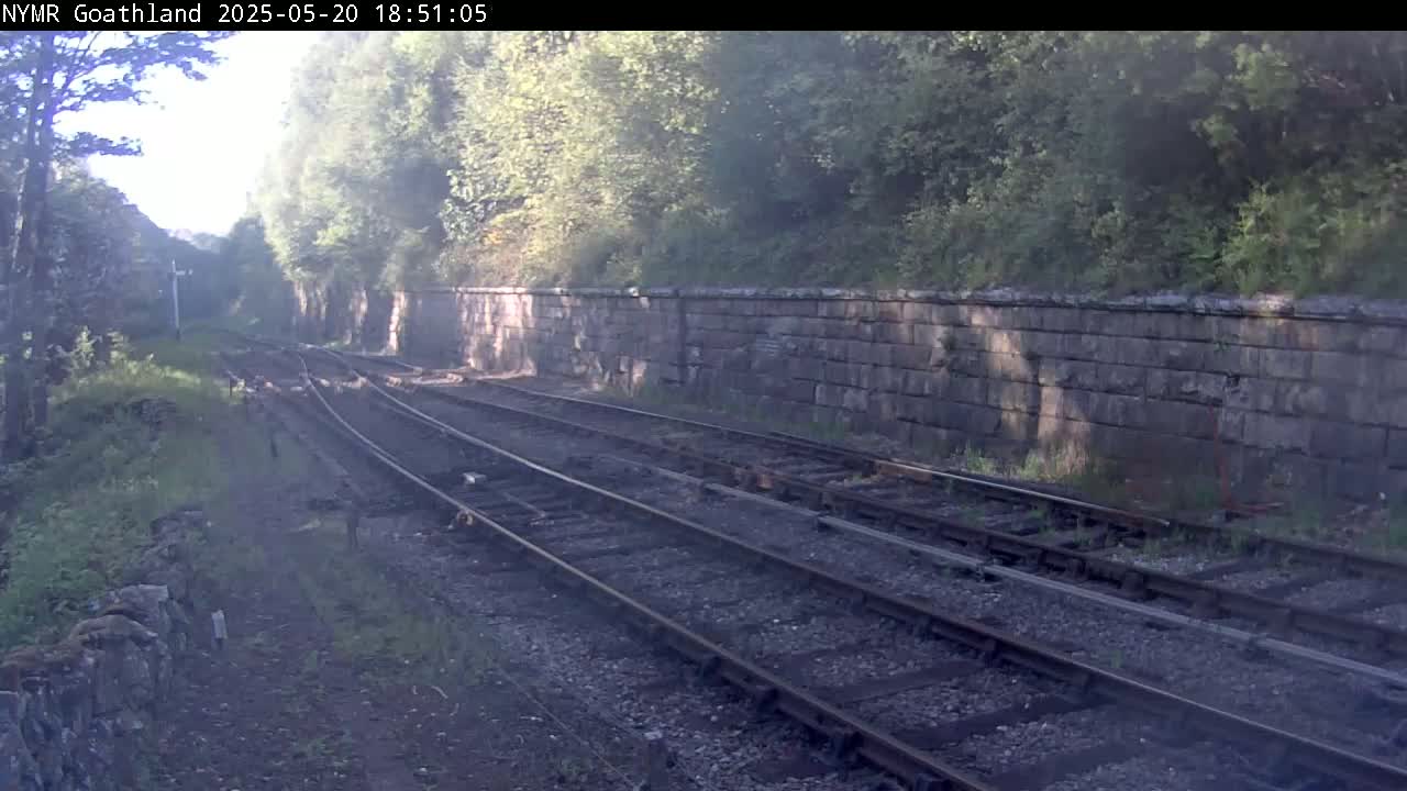 Two sets of train tracks curve gently through a hazy, sun-dappled landscape bordered by a stone wall and lush green vegetation.