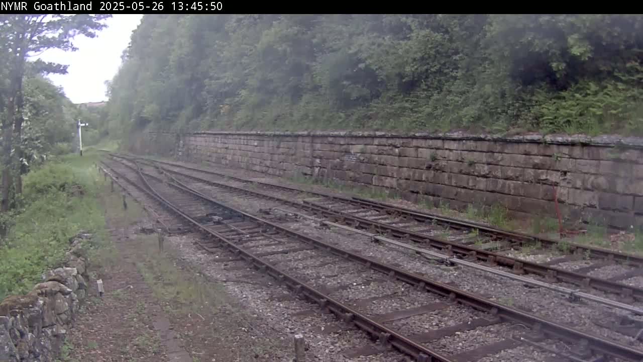 A view of train tracks on an overcast day, alongside a stone retaining wall and lush green vegetation.