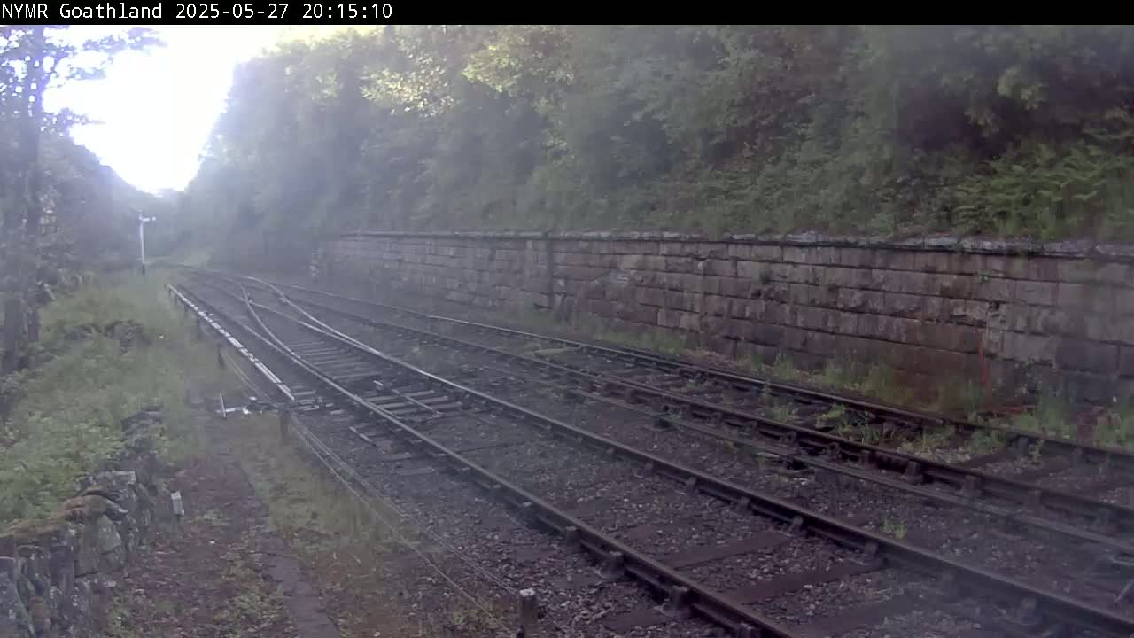Train tracks wind through a misty, wooded area alongside a low stone wall.