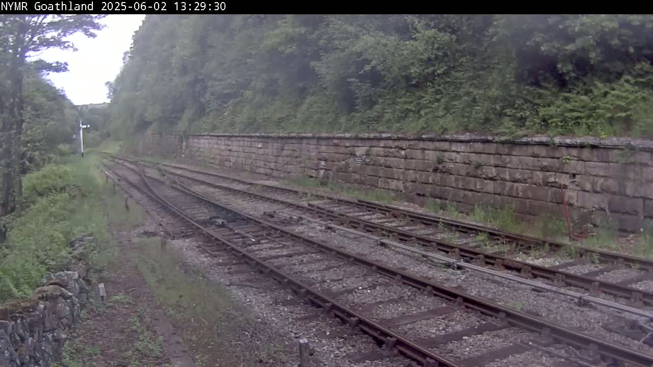 A view of railroad tracks bordered by a stone wall and lush green vegetation under an overcast sky.