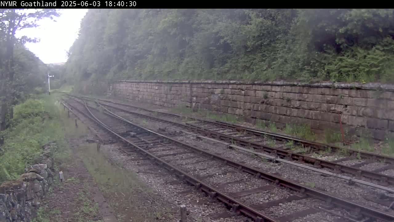 A misty view of a railway track with a stone retaining wall alongside, partially obscured by vegetation.