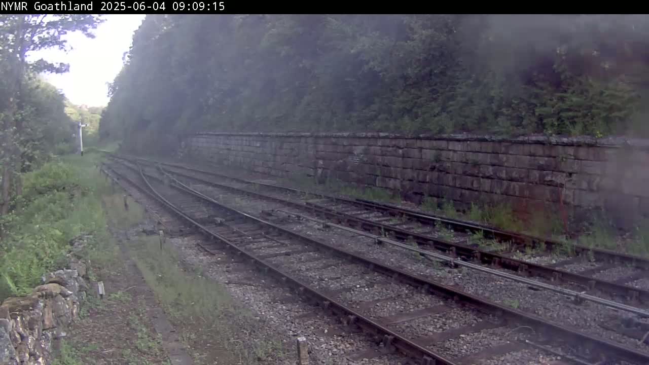 A misty view of a railway track bordered by vegetation and a stone wall.