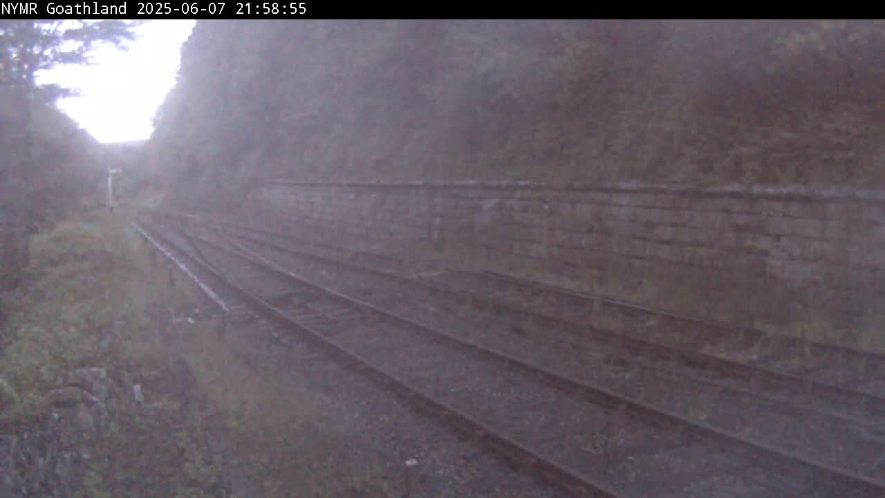 A foggy view of train tracks running alongside a stone retaining wall, disappearing into a hazy distance between overgrown vegetation.