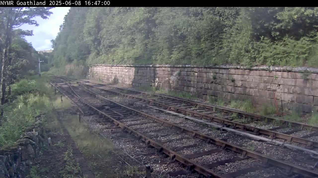 Train tracks curve gently to the right, bordered by a stone wall and lush green vegetation under a slightly hazy sky.