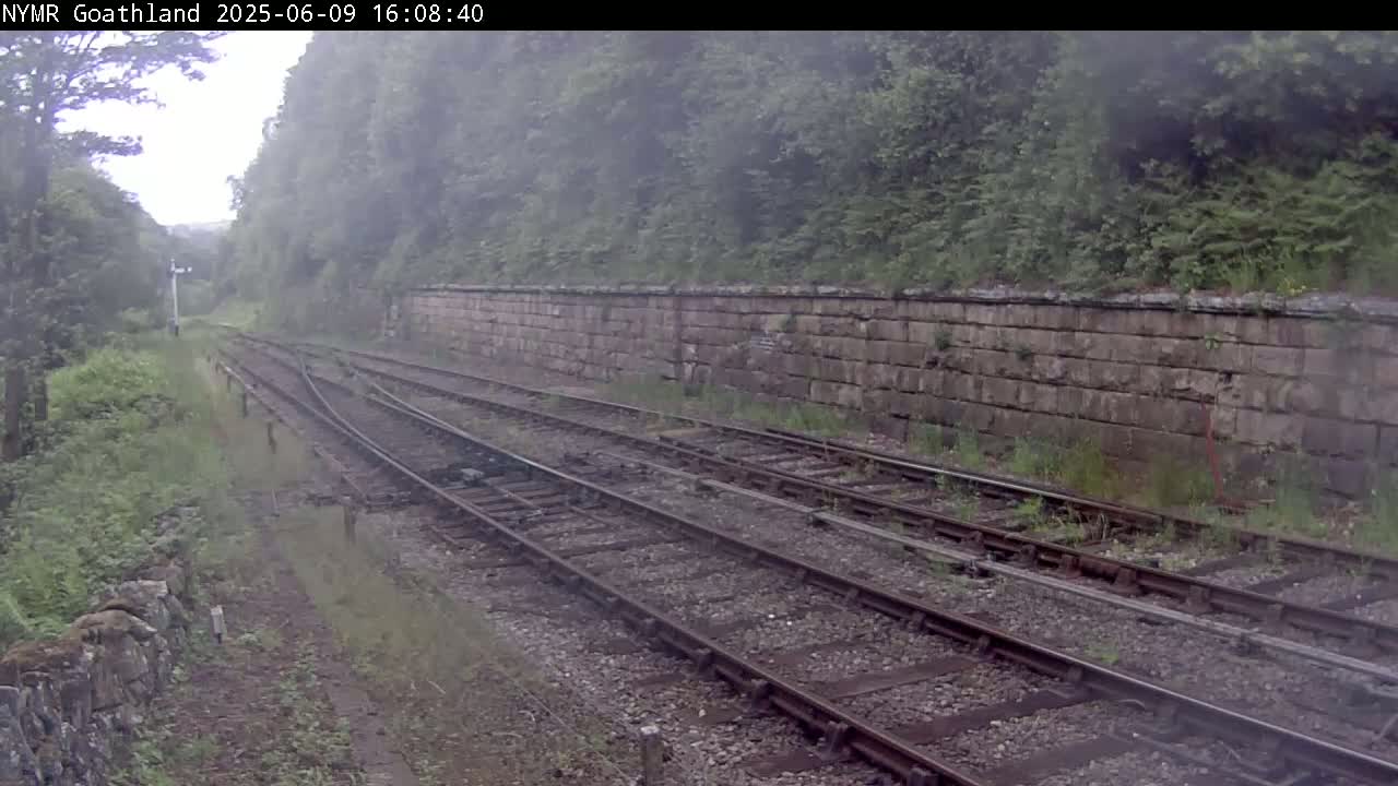 A misty view of a railway track running alongside a stone wall, bordered by greenery.