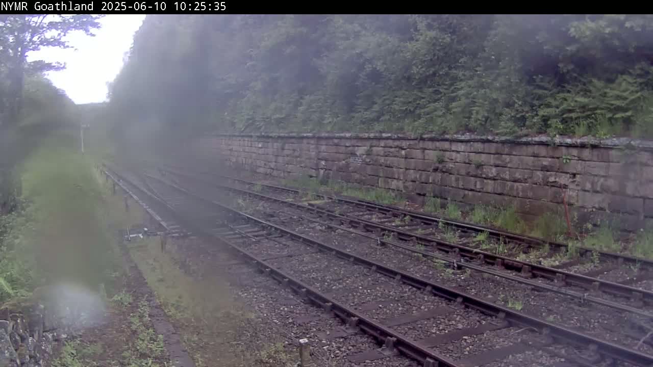 A foggy view of a railway track bordered by a stone wall and lush greenery.