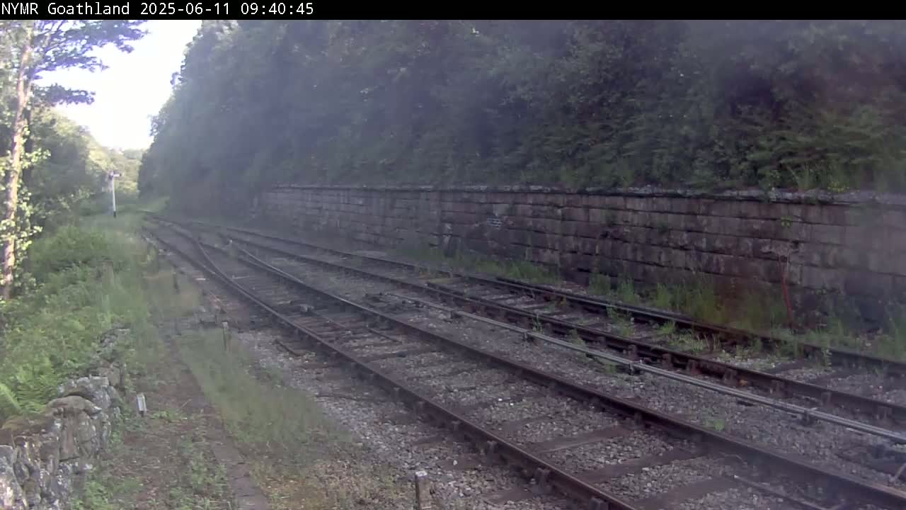 A misty view of a railway track bordered by vegetation and a stone wall.