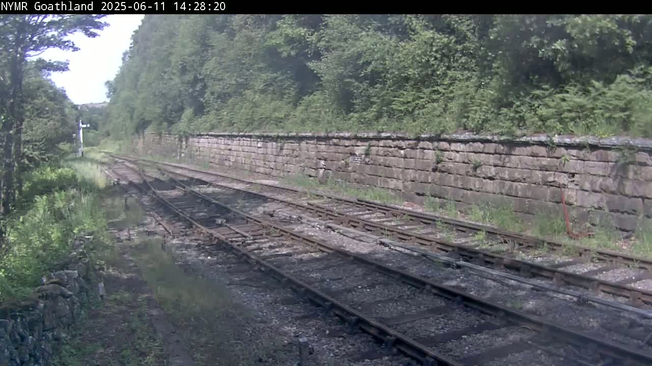 A view of railway tracks and a stone retaining wall, bordered by lush green vegetation under a partly sunny sky.