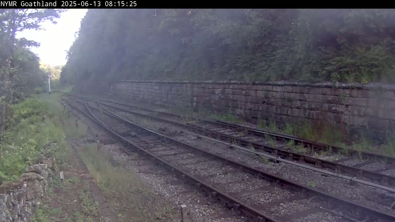 A misty scene shows multiple train tracks curving gently to the left, alongside a low stone wall and lush greenery.