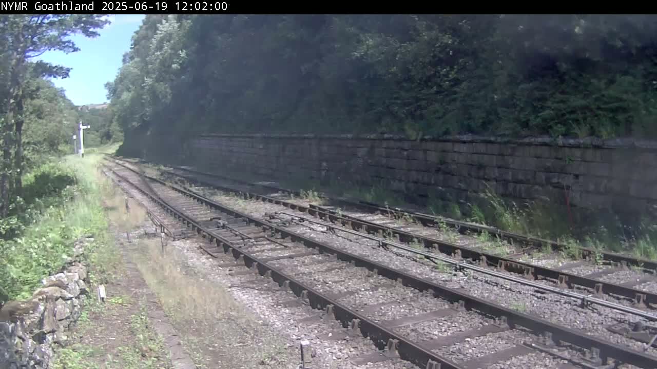 Multiple train tracks run alongside a stone wall, bordered by lush green vegetation on a sunny day.