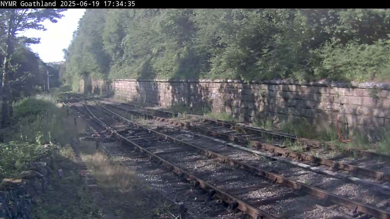 Multiple train tracks curve gently through a lightly wooded area, bordered by a stone wall in partly sunny conditions.