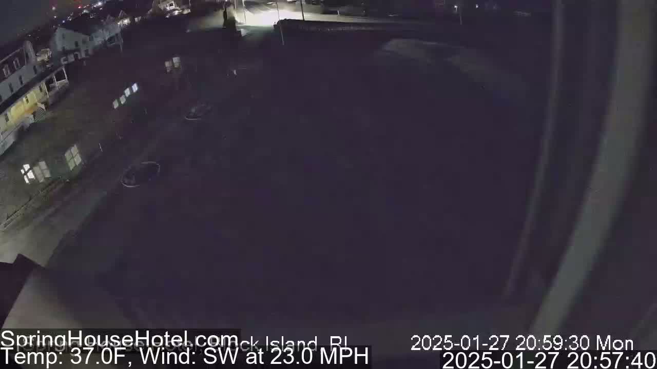 A nighttime, high-angle view of a dark street with buildings and a few parked cars, under a dark sky with a southwest wind at 23 mph and a temperature of 37°F.