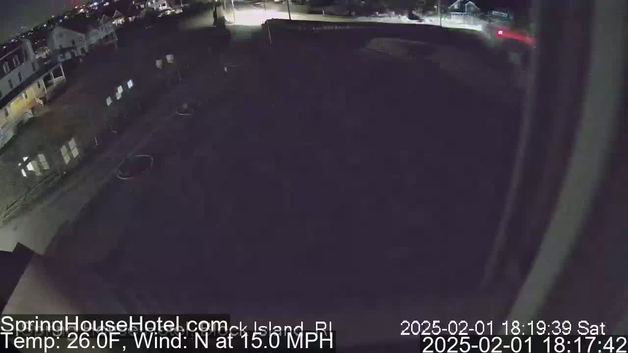 A nighttime, overhead view of a mostly empty parking lot adjacent to several buildings, under a dark sky with a north wind at 15 mph and a temperature of 26 degrees Fahrenheit.