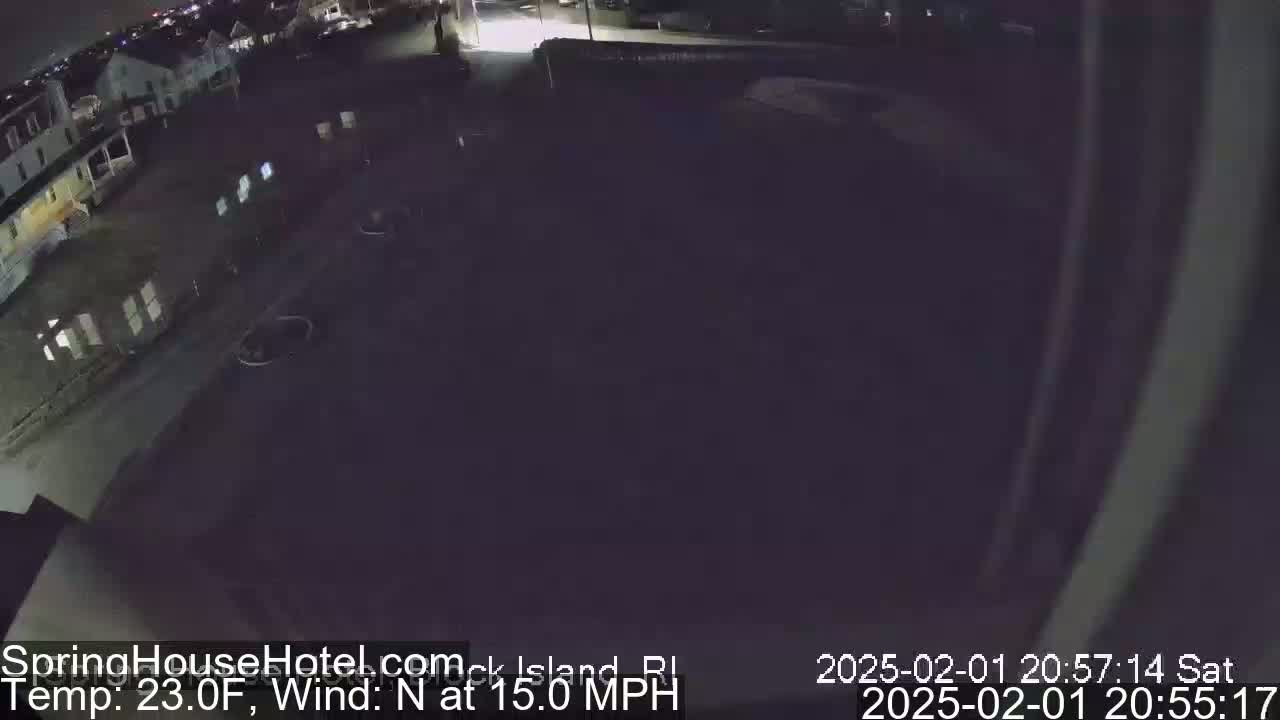 A nighttime, high-angle, long shot of a mostly empty parking lot next to several buildings, under a dark sky with a north wind at 15 mph.