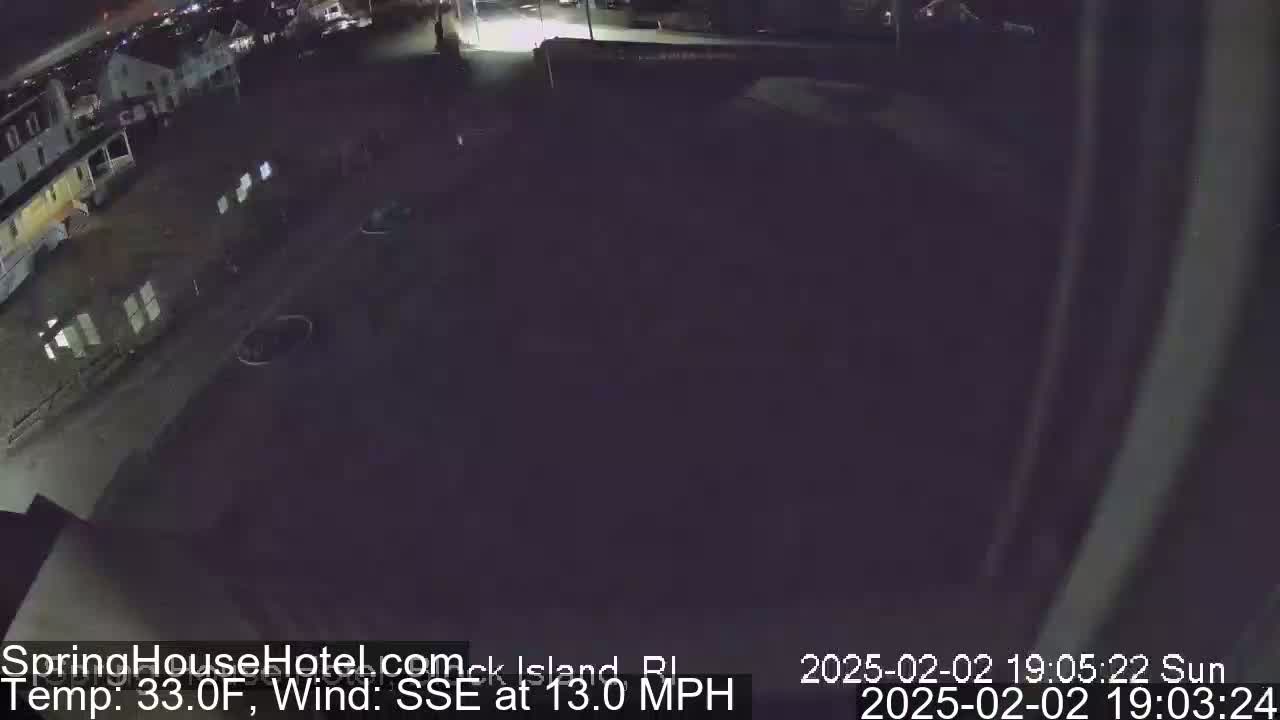 A nighttime, high-angle view of a mostly empty parking lot next to buildings, with a 33°F temperature and a 13 mph wind blowing from the south-southeast.