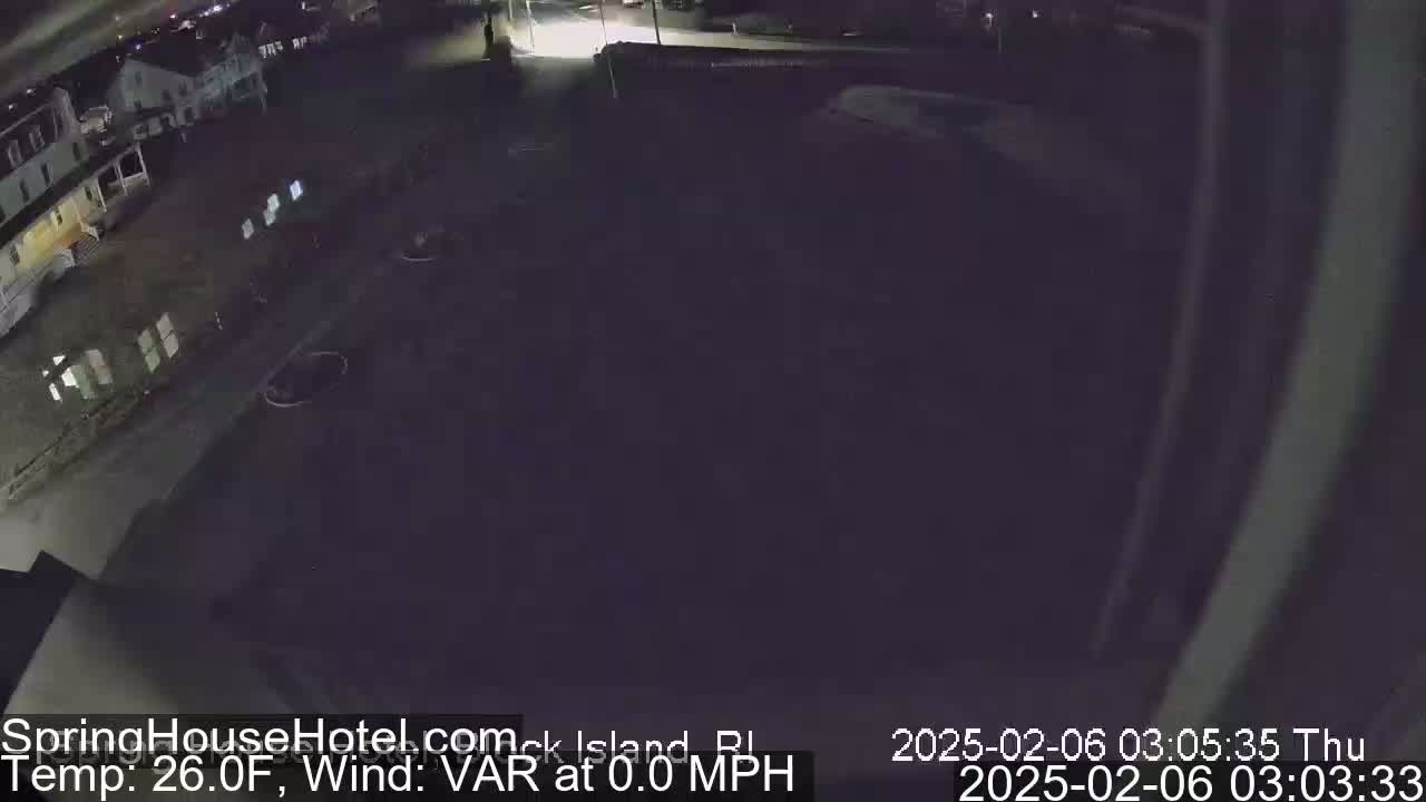 A dark, nighttime view of a parking lot and buildings, with a temperature of 26 degrees Fahrenheit and no wind.