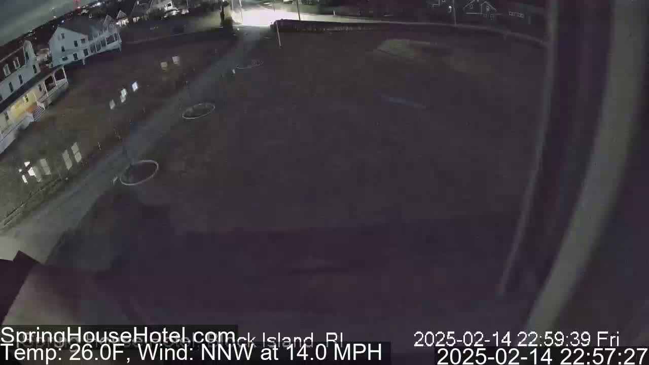 A nighttime, outdoor view of a mostly empty parking lot next to a building, with a 26°F temperature and a 14 mph northwest wind.