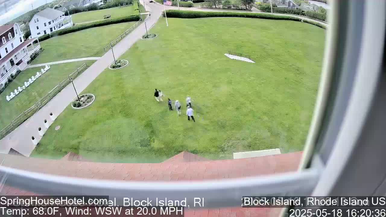 A high-angle view shows several people standing on a grassy lawn next to a building, with a 20 mph wind blowing from the west-southwest under partly cloudy skies and a temperature of 68°F.