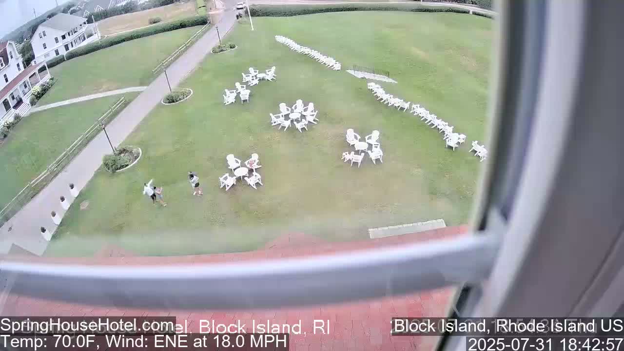 An elevated view shows a grassy area with numerous white chairs and tables arranged in clusters, two people walking on the lawn near a building, and a windy 70°F day.