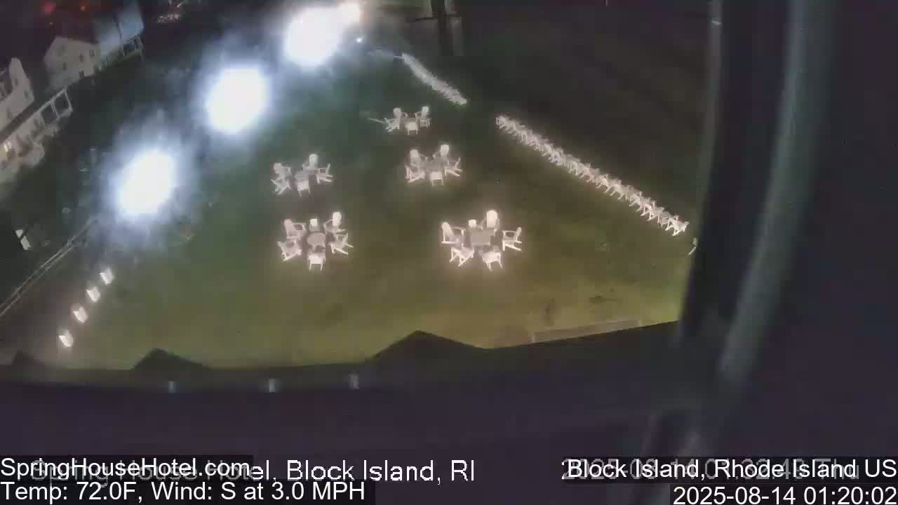 A nighttime aerial view shows numerous empty white tables and chairs arranged on a grassy area, with bright lights illuminating the scene and a slight southerly wind.