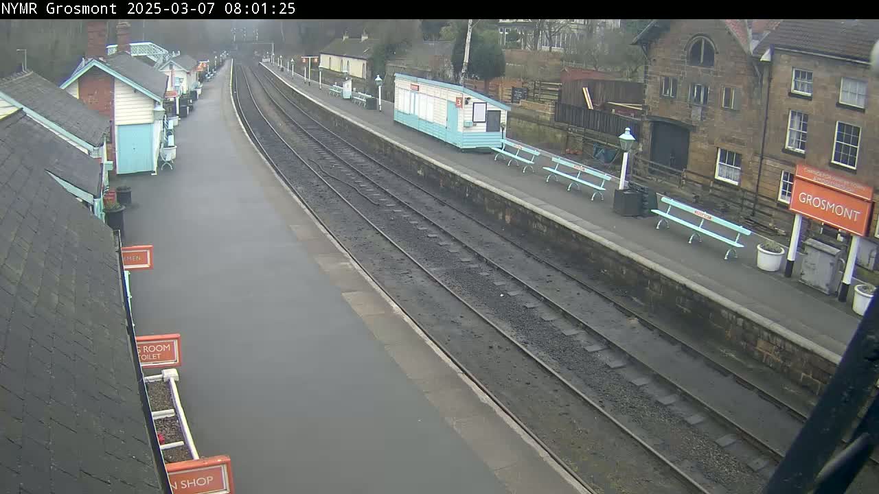 A mostly empty train station platform on an overcast day with multiple sets of tracks and several small buildings nearby.