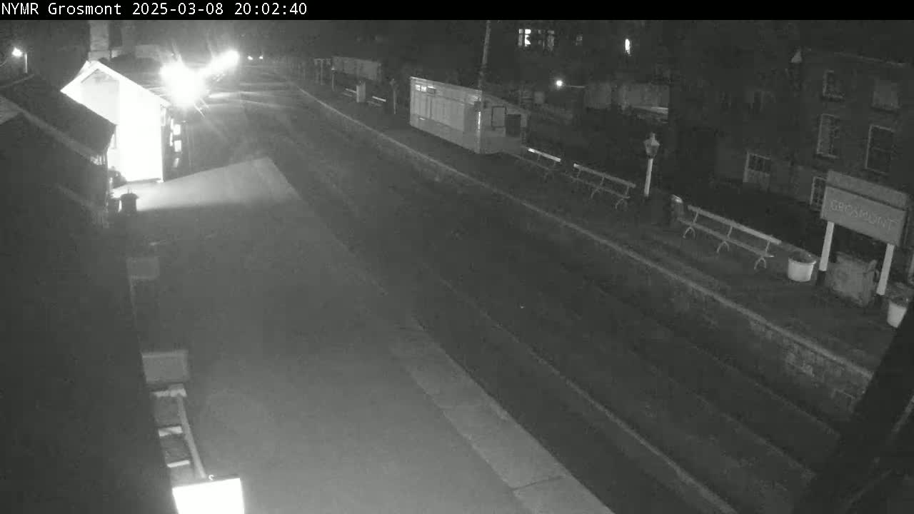 A nighttime, low-light view of a mostly empty train platform with a road and buildings in the background.