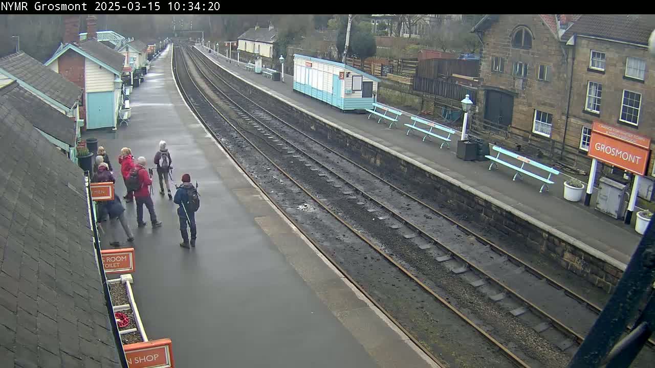 A group of hikers stands on a wet train platform next to railroad tracks, with various buildings in the background.