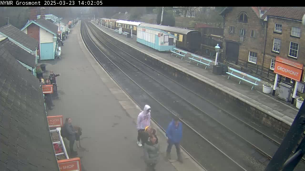 A train station platform with several people standing around, a train visible in the background, and overcast skies.