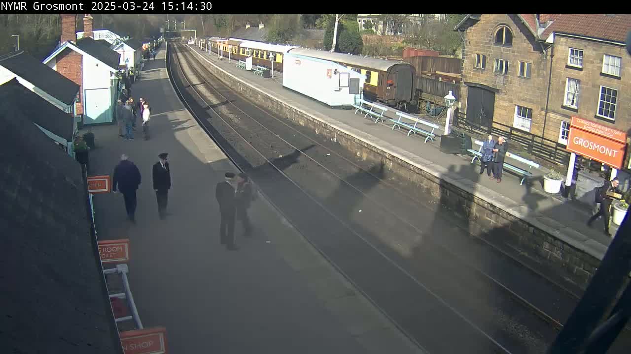 A sunny day at a train station shows several people standing on the platform near parked passenger cars and a stone building.