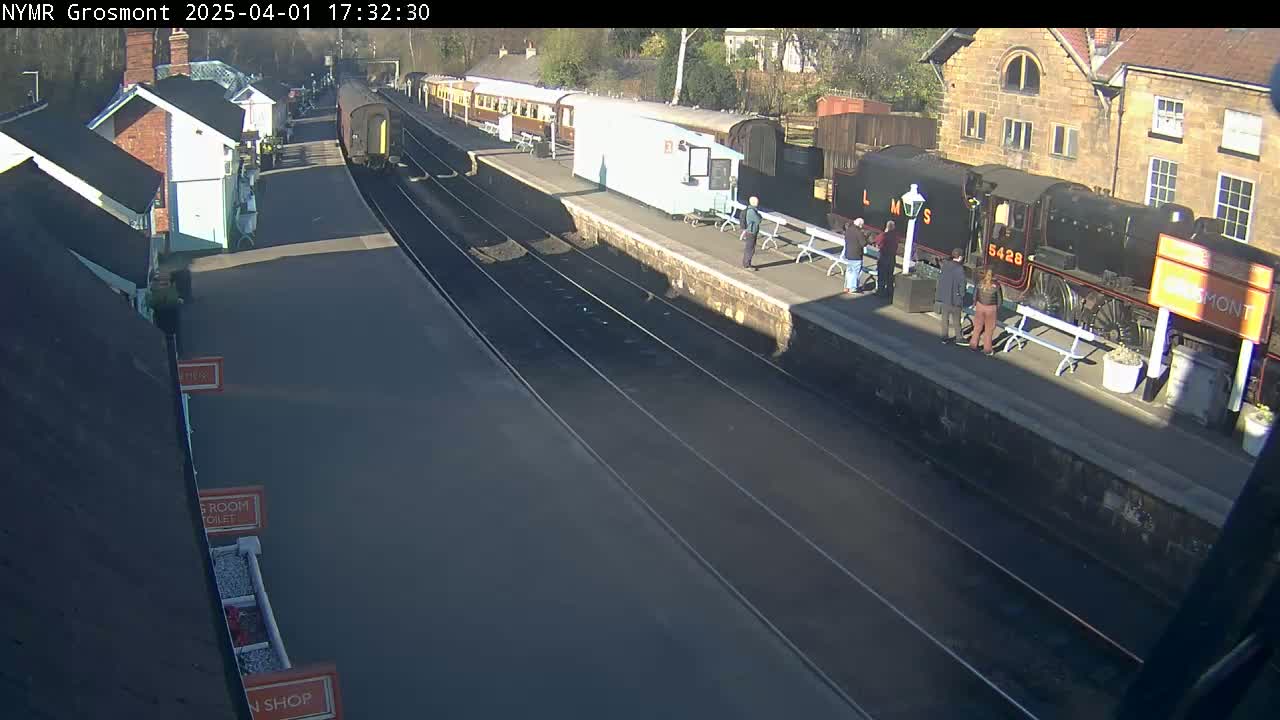 A train station on a sunny day with several passenger cars and a steam locomotive parked at the platform, and a few people standing nearby.