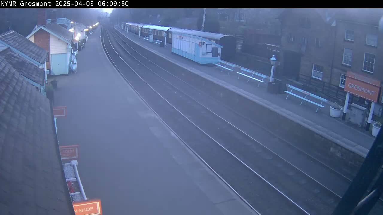 A train sits at a station platform on a foggy morning.