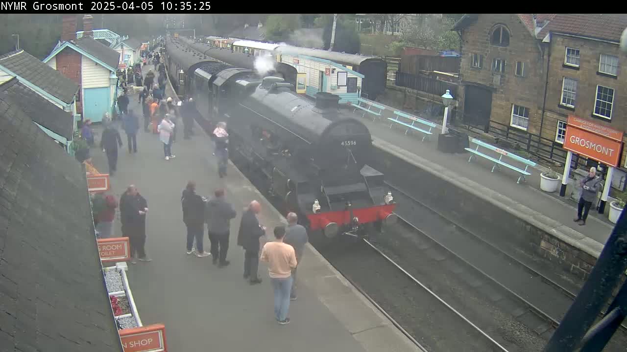 A steam train arrives at a station platform where many people are standing and walking around on an overcast day.