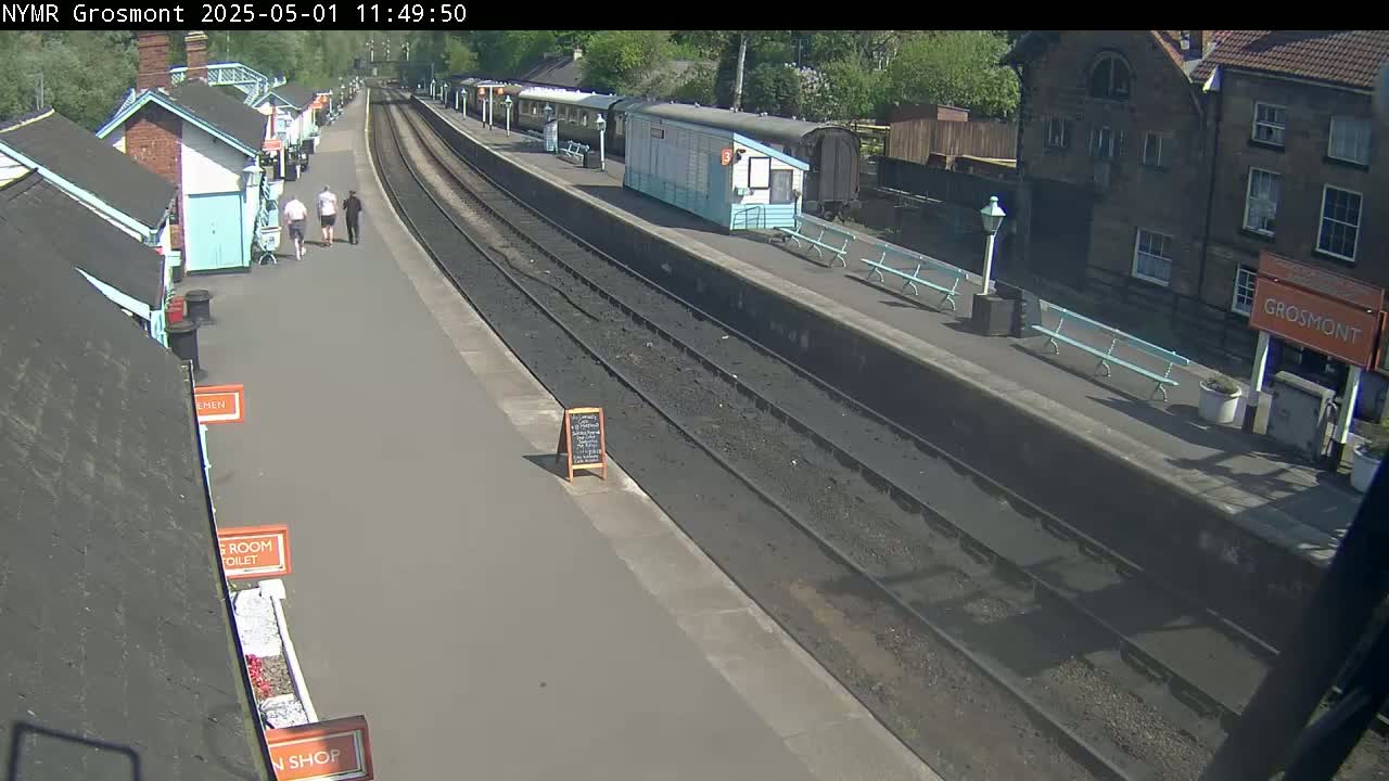 A sunny day at a train station shows a platform with three people walking, rail tracks, and several railway carriages.