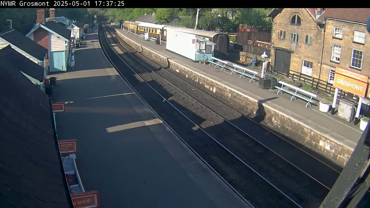 A sunny overhead view of a train station with a passenger train, small buildings, and benches on the platform.