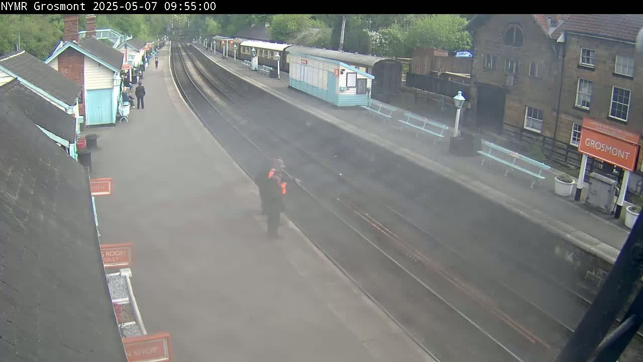 A hazy view of a train station platform with a few people, several buildings, and a train partially obscured by smoke.