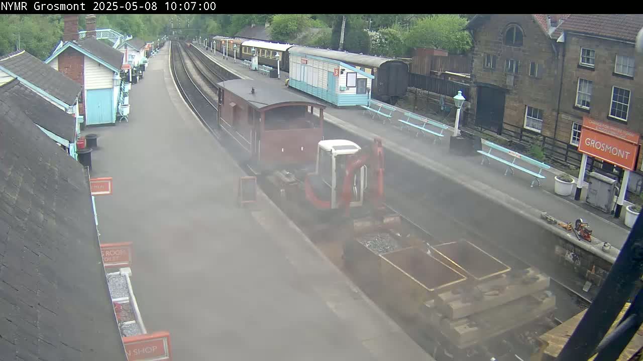 A hazy view of a train station with a small excavator loading what appears to be gravel into dumpsters next to a train car.