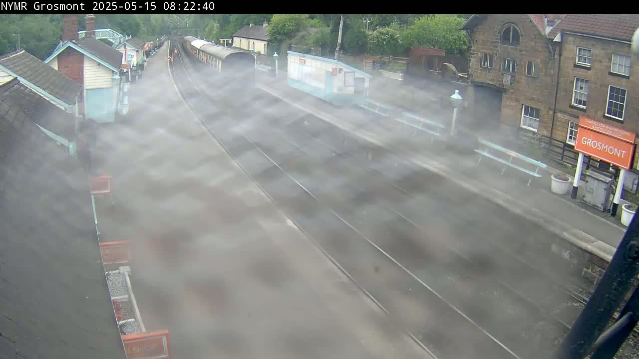 A steam train passes through a train station, obscuring the view with thick white smoke.