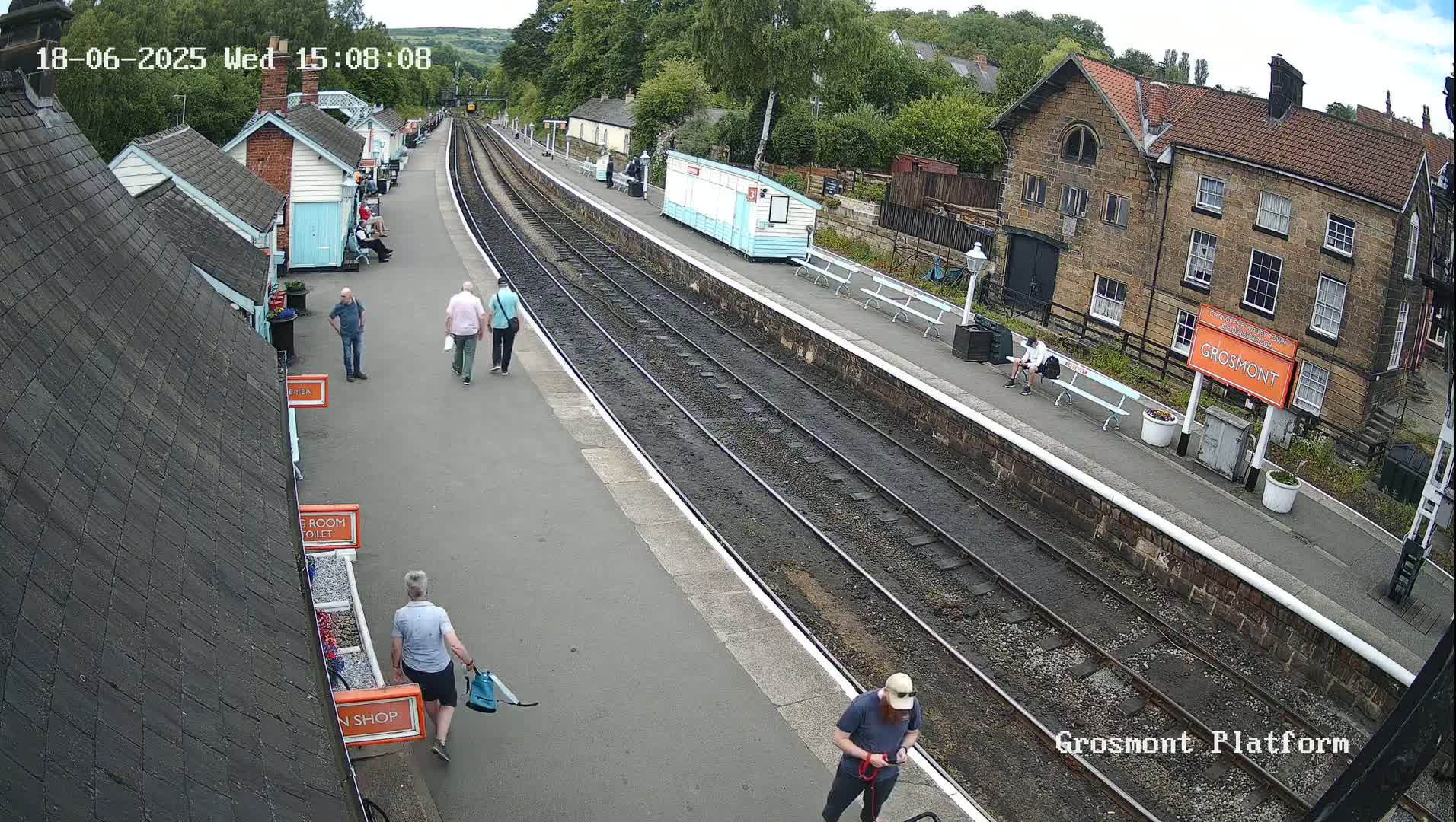 A train platform with several people walking and sitting, under a partly sunny sky.