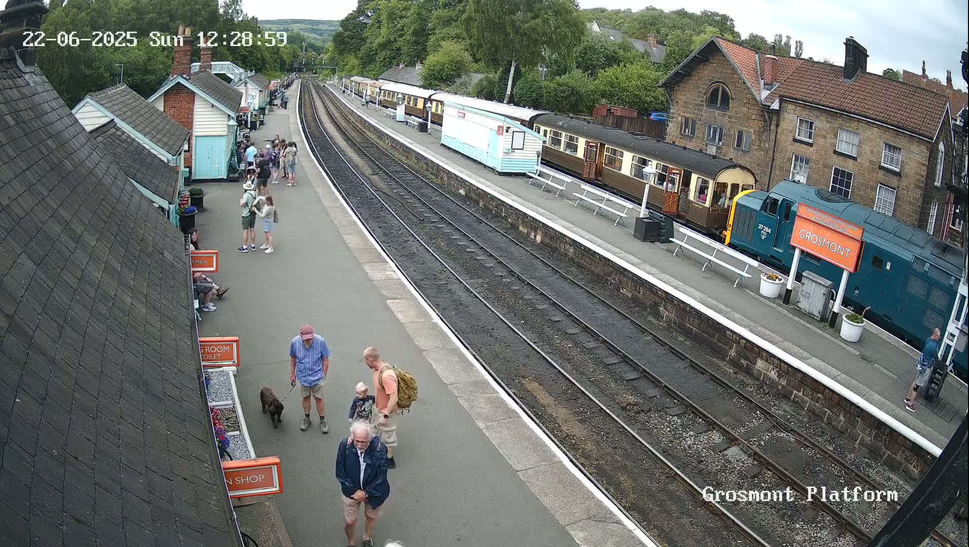A train station platform with several people, a dog, and a train on a partly cloudy day.